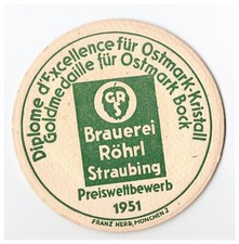 Alter Brauerei-Bierdeckel "Brauerei Gebr. Röhrl, Straubing", 1951