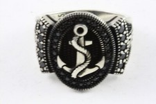 KAPITÄN MARINE ANKER RING SCHWARZER STEIN SIEGELRING SILBERRING 925 SILBER / 020