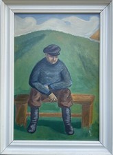 Ölbild Mann am Deich Fischer