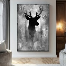 Leinwand Bild Hirsch Schwarz Weiß Gemälde Wandbilder XXL Wohnzimmer Modern 6722A