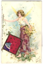 Lithographie Elfe mit Blumen, aufgeklebtes Krepppapier 1901 