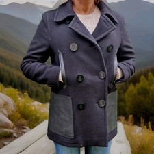 100%original BURBERRY 36 S Wolle Leder Mantel Wintermantel Cabanjacke Wollmantel