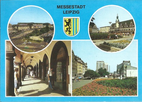 Postkarte bunt messestadt - postkarte,