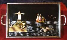 Wunderschönes Tablett Glas u. Metall 20er 30er Jahre Segelboot Leuchtturm