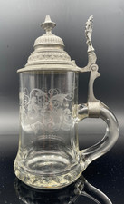 Antiker Glas Krug Bierkrug Historismus Zinndeckel 0,4 Dickwandig Schwer graviert