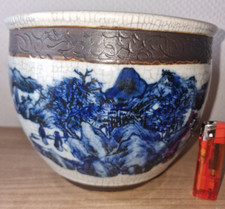 Chinesischer Blumentopf- Cachepot gemarkt-Fishbowl blau weiß Landschaft