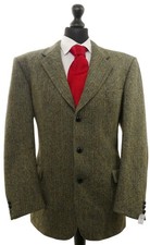 Harris Tweed Sakko Jackett 52 grün oliv Fischgrat 3-Knopf Lederknöpfe Patches
