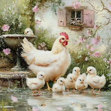 Wandbild Hühner Henne Küken Blumen Landhaus Deko Bild Tiere Wanddeko Dekofliese