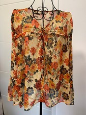 ZARA BASIC Oberteil Bluse Gr. M Orangetöne Blumen langarm Babydoll #JEN