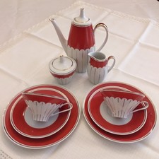 2-er Kaffeeset, feines Lichte-Porzellan, rot-weiß, Goldrand, kompl., fehlerfrei