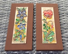 2x Emailbild alt Emaille Bild Wandbild 70er Jahre Mid Century Blumen Steg Email