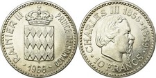 MONACO Silber 10 Francs 1966 Fürst CHARLES III. (1818-1889)