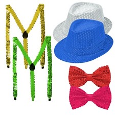 Pailletten Hosenträger, Hut & Fliege im Set Fasching Karneval Glitzer Kostüm