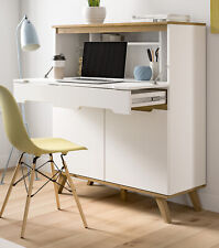 Sekretär matt weiß echt und Eiche Schreibtisch Kommode Soft-Close 8 Fächer Hygge