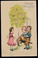 AK Glückwünsche Pfingsten: Kinder spielen mit Pferd aus Holz, OLDENBURG 25,5,12