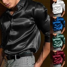 Luxuriöses Satin Seidenkleid Hemd Langarm Hochzeit Party Disco Club Hemd