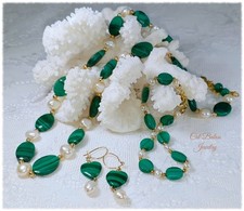 Schmuckset Kette Ohrringe Armband Echt Malachit Süßwasserperlen Grün Weiß Gold