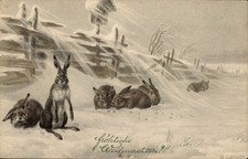 Künstler Ak Glückwunsch Weihnachten, Hasen, Schnee, Zaun - 4344436