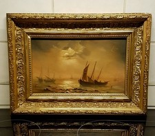 Ölgemälde 19 Jh Niederlande " Mondlandschaft mit Fischerboote bei bewegter See.
