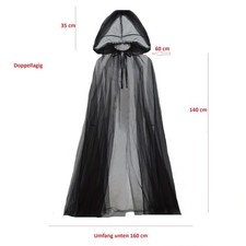 2 lagiger schwarzer Damen Umhang Halloween Cape mit Kapuze 140 cm Horror Grauen