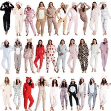 Damen/Frauen/Mädchen Fleece All in One Pyjama Outfit Kostüm Kapuze Größe 6-22