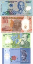 4 Polymer Banknoten  aus 3 Kontinenten, alle in Umlauferhaltung
