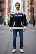 Herren Strickjacke mit Reißverschluss – Norweger Muster Schwarz Weiß Blau Winter