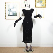 Vintage 60er Jahre handgehäkelt schwarz Perlen Wackel Kleid elegant Mid Century M 12