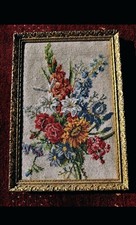 Gobelin in Goldrahmen! Blumen Blumenstrauss Rosen Gewebt Vintage
