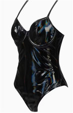 neuer schwarzer Sexy Lackleder Vinyl PVC Body Overall Bodysuit Gr. 44 CUP C