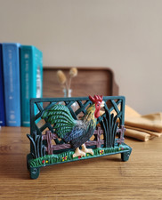 Serviettenhalter Dekor Hahn aus emailliertem Gusseisen Vintage französische Landschaft