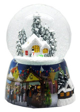 Nostalgie-Schneekugel mit Schneemann vor Hütte mit Spieluhr - 100mm Durchmesser