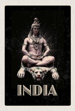 Holzschild 18x12 cm Indien Gott Buddhismus Löwe Meditieren Bildmotiv Reisemotiv 