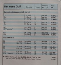 VW Golf 3 Preisliste, Modelljahr 1992 v. 21.08.1991, ...mit GTI, GT Special, VR6