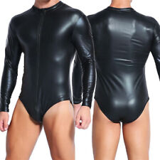 Herren Wetlook Lack Leder Bodysuit Zipper Overall Catsuit Trikot Party Clubwear