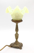 Alte Jugendstil Tischlampe aus Messing Glasschirm Blütenmotiv Vintage H 26,5 cm