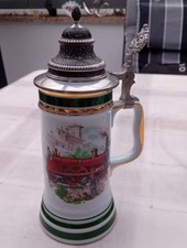 Bierkrug 0,5 L - Motiv Eisenbahn vergoldet mit Zinndeckel, Handarbeit.