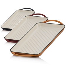 Gusseisen Grillpfanne emailliert 39,5 x 22 cm, Bratpfanne eckig gerippt Mahlzeit