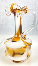 Murano Vase / riesige Henkelvase Plisseerand, weiß, bernsteinfarben 34 cm