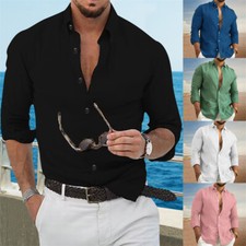 Herren Hemd Baumwolle Langarm Freizeithemd Leinen Freizeitshirt V- Shirt Hemden