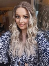 Perücke Lace front glatt blond asch hellblond wig ombre gewellt Echthaar-Imitat