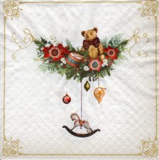 3 Servietten ~ Weihnachten, Spielzeug, Teddybär, Schaukelpferd, Trommel ~ 33x33