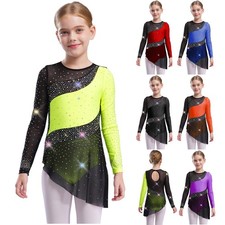 DE Mädchen Glitzer Ballettbody Langarm Trikot Body Mit Mesh Eiskunstlauf Kleider