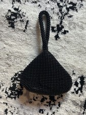 Elegante Abend-Tasche (Beutel), Perlen, Trapezform, schwarz, mit Trageschlaufe