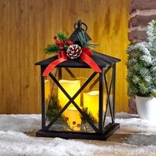 Weihnachtslaterne mit 3 LED Kerzen + Zweigen warmweiss Leuchte Weihnachten 32 cm