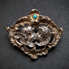 Neorenaissance Brosche Silber vergoldet Putto Engel Türkis alt antik c. 1880