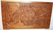 Wandrelief Relief Bild Holz geschnitzte Szenerie der Erntearbeit 41x71cm /a893