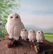 Eule mit 3 Küken 21 Figur Deko Garten natürlich Schneeeule Wald Eulen natur weiß