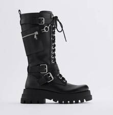 Zara - HOHER SCHNÜRSTIEFEL mit Tasche, Reißverschluss, Schnallen, Schwarz, Gr.38