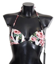 Dolce & Gabbana Multicolor Gestreifter Rose Print Badeanzug Bikini Damen Tops